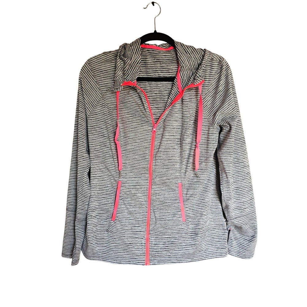 Lukka Striped Full Zip Hoodie Womens Large Grey‎ Pink Neon Thumbholes Activewear